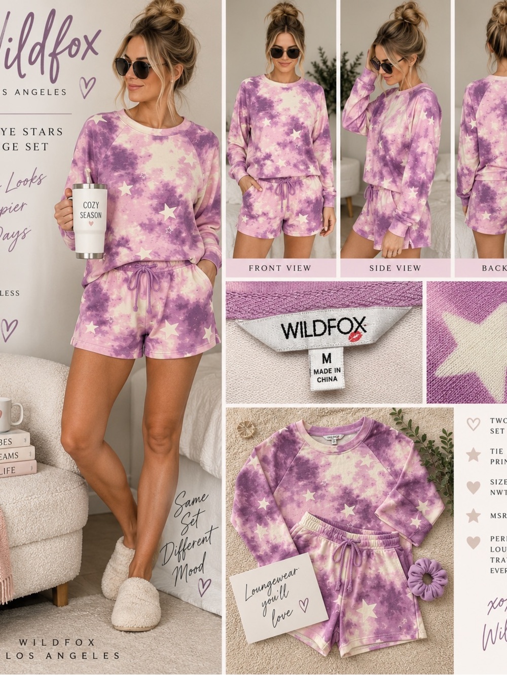 NWT Wildfox Lavender & Cream Star Tie-Dye Lounge Set